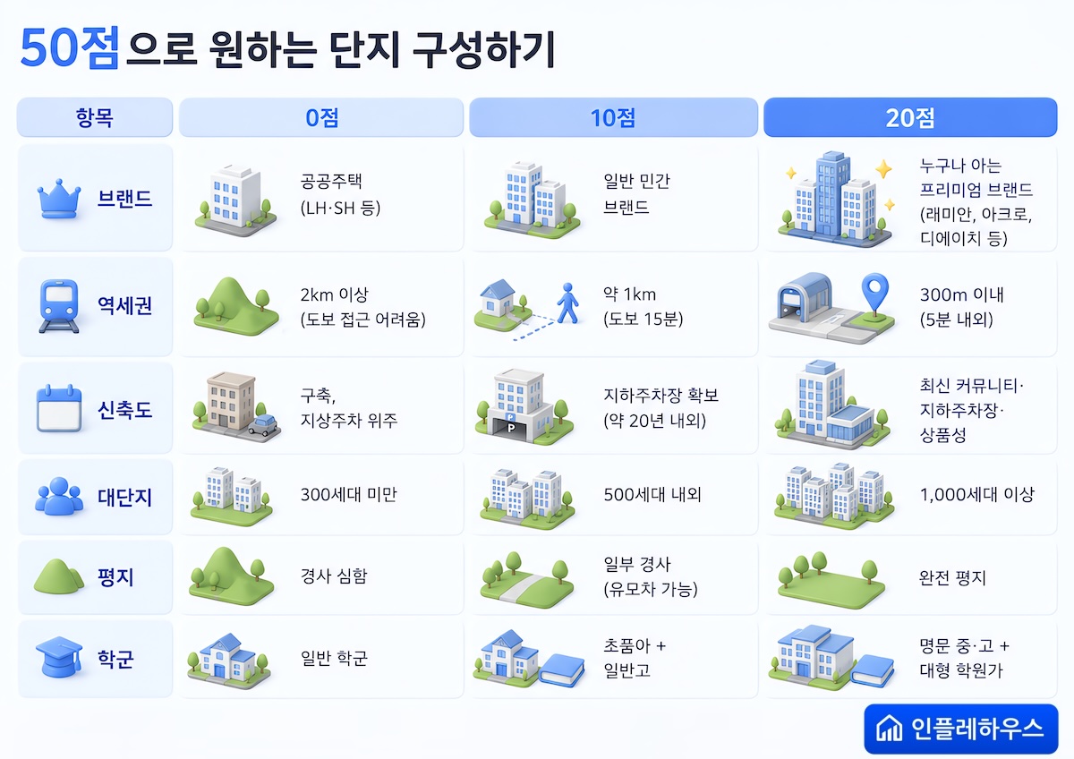좋은 단지 채점표. 브랜드·역세권·신축도·대단지·평지·학군 여섯 항목을 0점·10점·20점 기준으로 나눠 좋은 아파트의 조건을 점수로 정리한 표.