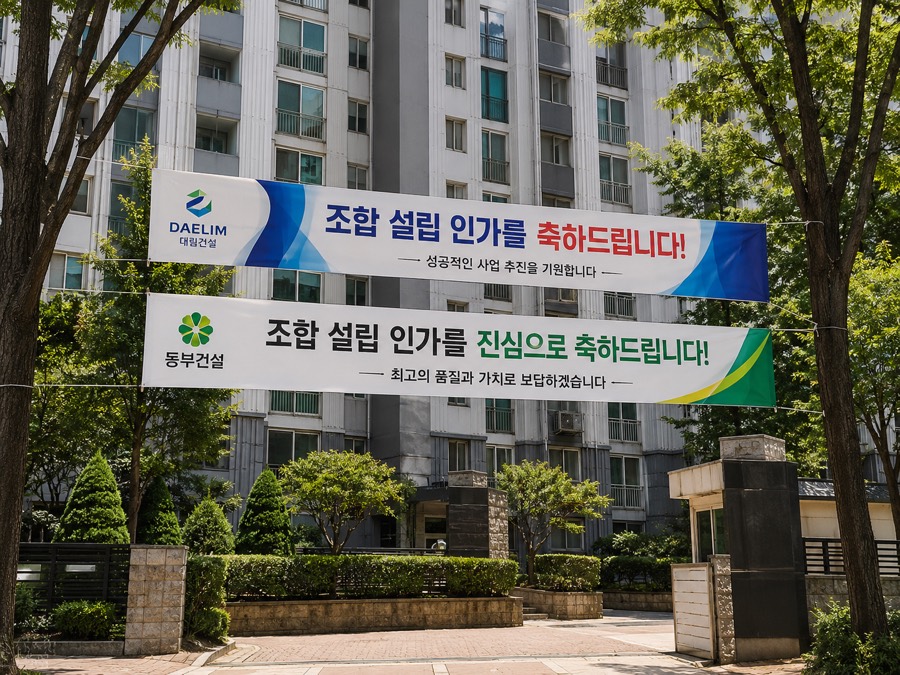 아파트 단지 입구에 나란히 걸린 '조합 설립 인가를 축하드립니다' 축하 현수막 두 개. 각각 대림건설, 동부건설 로고가 붙어 있다.